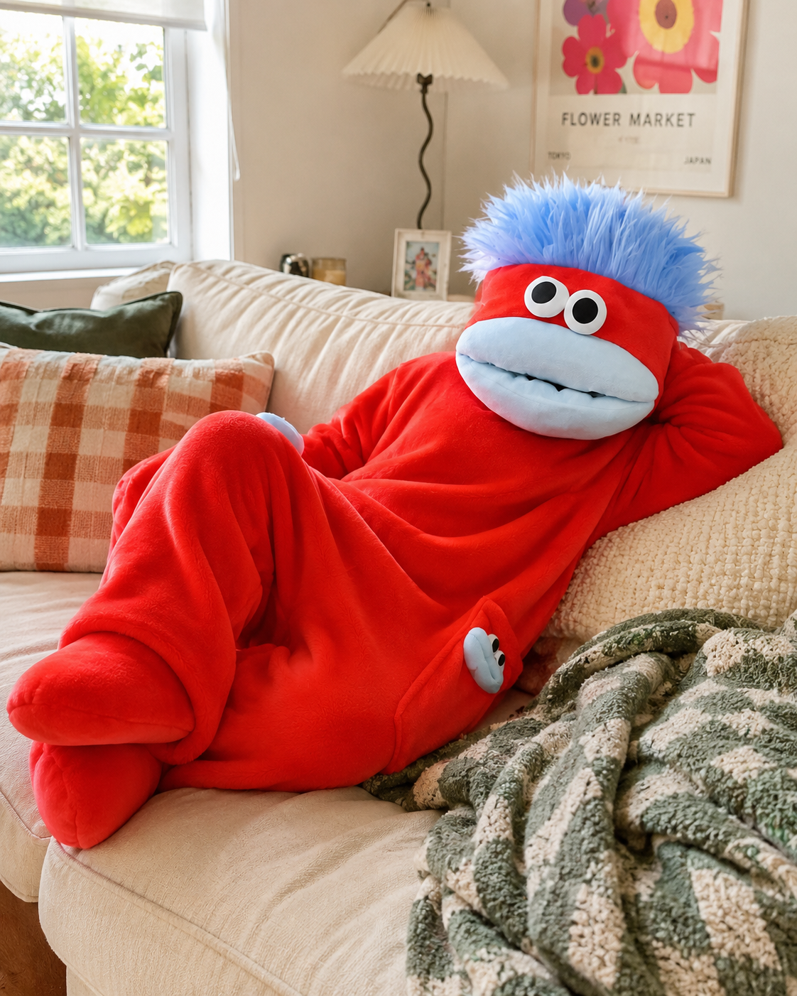 Customer lounging in red Snuggle onesie