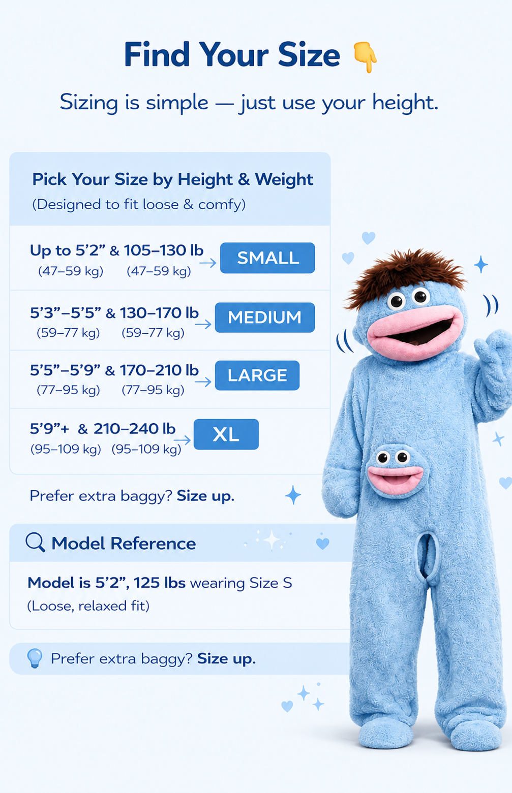 Adult sizing chart by height and weight